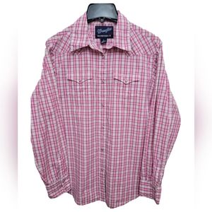 Wrangler Woman’s M Western Breast Cancer Shirt Pink Plaid Pearl Snaps